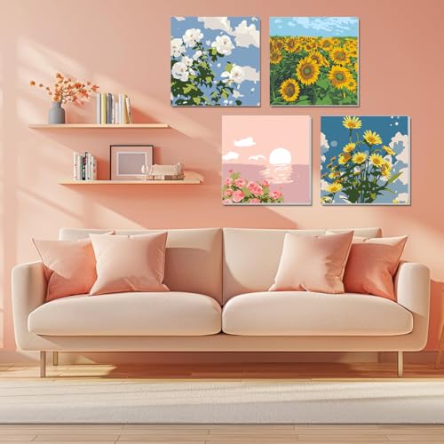 Image of HASTHIP 4PCS DIY Oil Painting Kit by Numbers with Frames, Wall Art for Adults & Kids, 7.8x7.8 Inch Canvas, Painting Tools, Vibrant Home Decor, Craft Kit Gift Set