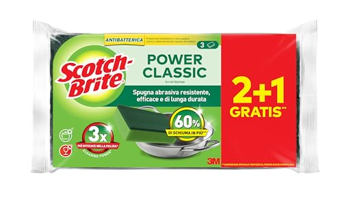 Scotch-Brite Power Classic - Esponja abrasiva antibacteriana 2 + 1, Ideal para la Limpieza Diaria de Platos, sartenes antiadherentes y Superficies de Cristal
