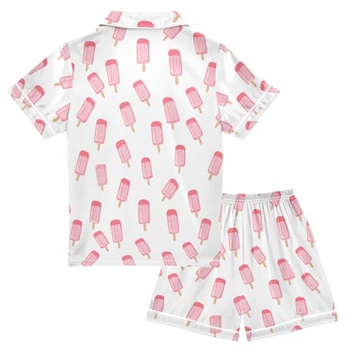 Pink Ice Cream Pajamas Sets Short Sleeve Button Down Sleepwear Silk Stain Pjs for 5-14Y2
