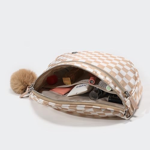 Image of Pander Crossbody Bum Bag for Women, Everyday Nylon Shoulder Bag with Pompom Keychain Wristlet Bag Charm, Adjustable Strap
