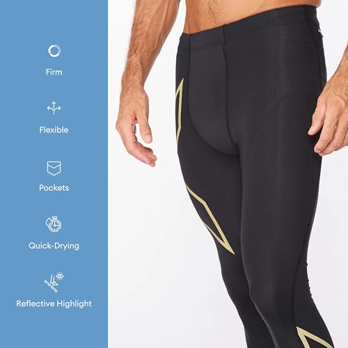 2XU Men's Light Speed Compression Tights - Lightweight & Flexible Support for Improved Running Performance - Black/Gold Reflective - Size Large