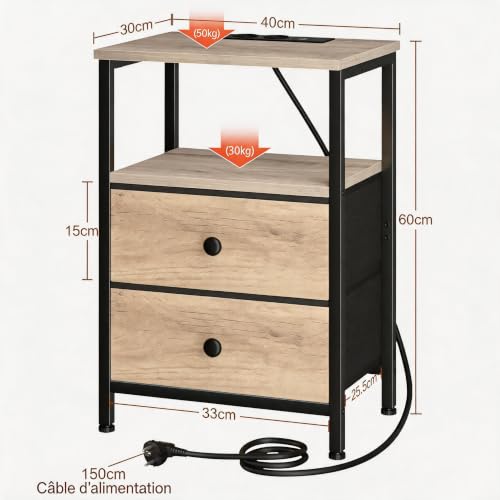 Table de Chevet Industrielle USB 2 Tiroirs AMHANCIBLE