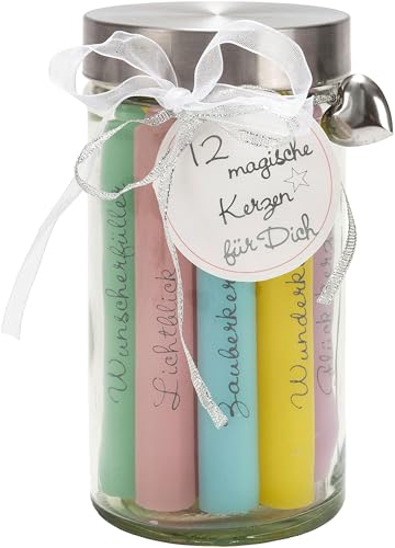 Weltbild Geschenkset 'Wünsche' mit 12 Kerzen - 12 Farbige Stabkerzen mit Kerzenhalter und Botschaften, je ca. 3 Stunden Brenndauer - ideal für Geburtstage, Jubiläen, Dankeschön-Geschenke
