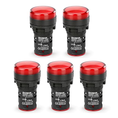 Image of BAOMAIN 22mm LED Industrial Indicator Light,110V AC Pilot Signal Lamp for Industrial Machinery Control Circuits,7 /8 inch Panel Mount, Screw Terminal,Red,5-Pack