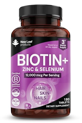 Biotin Hair Skin and Nails Vitamins 12000mcg High Strength - Promotes Healthy Hair Skin & Nails - Biotin Vitamins for Women & Men Vegan, 3 Month Supply, 180 Tablets - Made in The UK by New Leaf