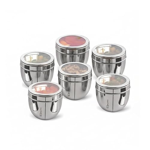 Image of Ebun Stainless Steel See Through Containers for Kitchen | Conical Shape Small Stainless Steel Dabba Set for Kitchen | Steel Container with Lid | 300 Ml Capacity | Pack of 6