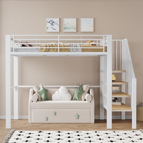 Hochbett 140 x 200 Stabile Metallkonstruktion mit geräumigem Stauraum unter dem Bett und Treppe Ideal für Kinder und Erwachsene Stauraumbett für maximale Platzeffizienz (Weiß)