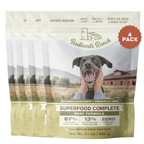Image of BADLANDS RANCH Air-Dried Beef Dog Food, 87% Real Meat, 24 oz, 4-Pack | Includes organs & salmon; kibble topper or alternative; adult & senior dogs; no corn, wheat, soy or fillers