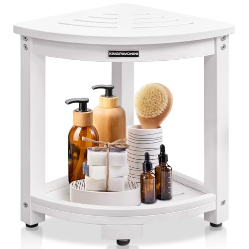 KingPavonini Waterproof Corner Shower Stool for Inside Shower, Anti-Fading Shower Bench for Shaving Legs, HDPS Anti-Fracture Shower Seat with Storage Shelf, Rapid Assembly, Load 400 Pounds