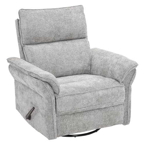 Image of Swivel Rocker Recliner with Adjustable Headrest,Upholstered Glider Rocker Recliner with Overstuffed Armrest,Manual Recliner Nursery Chair for Living Room,Light Grey