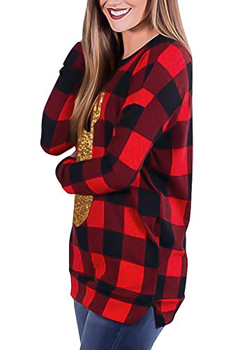 Christmas Women Sequin Reindeer Long Sleeve Shirts Xmas Red Plaid Holiday Tops with Pocket Black XL