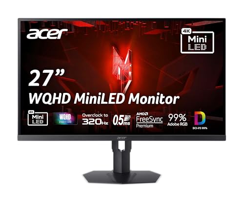 Acer Nitro 27” WQHD 2560 x 1440 Gaming IPS MiniLED Monitor | AMD FreeSync Premium | 320Hz Refresh Rate | Up to 0.5ms | AdobeRGB 99% | 1 x Display Port 1.4 & 2 x HDMI 2.1 Ports | XV275U F3biipprx