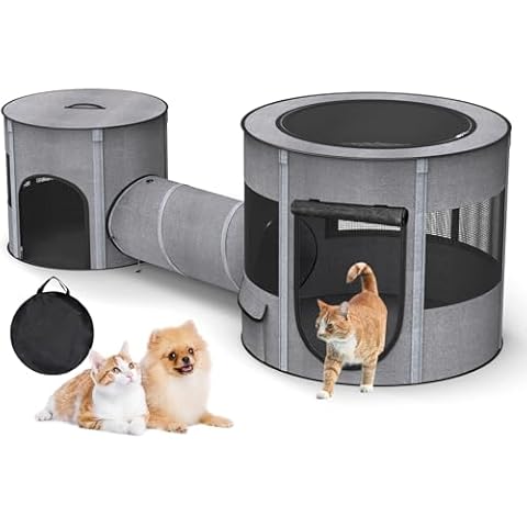 Portable Cat Playpen with Tunnel, 3 in 1 Foldable Puppy Play Pen, Waterproof Bottom, Enclosed 2-Room Separable Pet Tent for Indoor/Outdoor, Multi-Purpose Enclosure Crate Cage for Kitten Dog Rabbit Cover