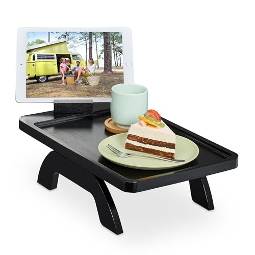 Tablette de canapé en bambou noir Relaxdays avec support de téléphone