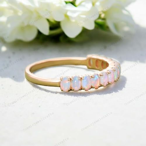 Half Eternity Opal Wedding Band 14K Yellow Gold Proposal Ring October Birthstone Women's Day Gift Elegant Bridal Matching Stackable Band For Women BY COSMICJEWELCRAFTS4