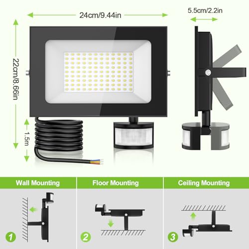 Zewnętrzne światło bezpieczeństwa z czujnikiem ruchu, 100 W, 10 000 lm, super jasny reflektor LED, wodoodporność IP66, czujnik ruchu PIR do garażu, podwórka, trawnika, ogrodu