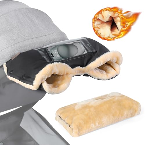 Image of Orzbow Faux Sheepskin Gloves for Stroller with Phone Pockets, Winter Extra Thick Mittens for Baby Stroller, Cozy & Warm, Anti-freeze Hand Muff Easily Attaches to Stroller for Parents Caregivers, Black