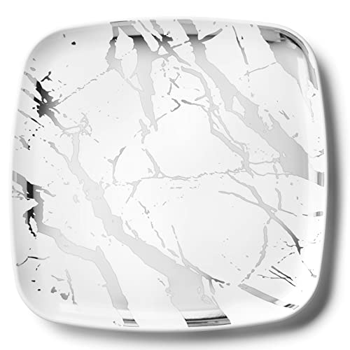 Decorline - Plateau de Service - Lot de 4 - Plats à Servir en Marbre en Plastique Réutilisable Robuste, Plateaux Traiteur de présentation/décoration Pour de Fête Buffet - Carré 35x35 - Blanc/Argent
