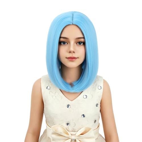 Image of Kids Blue Wig Girls Bright Blue Bob Wig Child Short Bob Wig Middle Part Wig for Kids Synthetic Wigs with Wig Cap