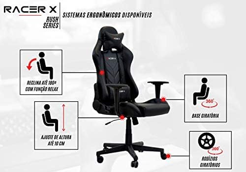 Diagram showing ergonomic features of Racer X Rush chair: recline, height adjust, swivel base, rotating casters
