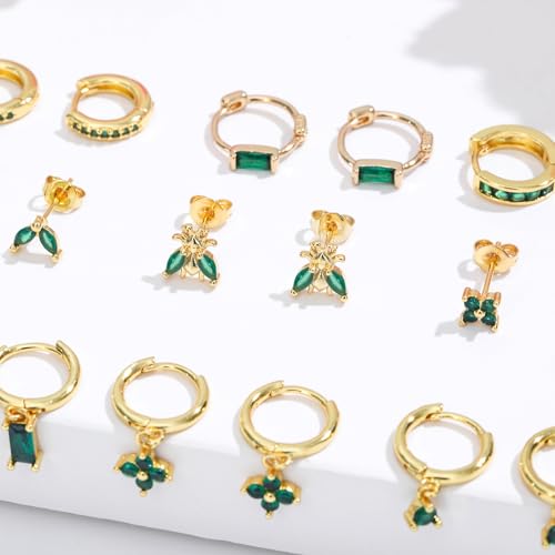 NEWITIN 15 Pairs Small Gold Stud Errings for Women Hypoallergenic Earring 14K Gold Plated Stainless Steel Inlaid Green Cubic Zirconia Earring Cartilage Stud Hoop Earrings Set3