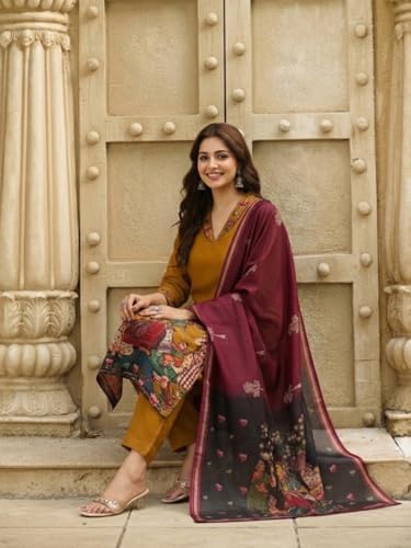 Image of GoSriKi Women Viscose Blend Printed Straight Kurta with Pant and Dupatta | Ladies Kurta Pant Dupatta Set | Women Ethnic Wear Dress | Indian Traditional Clothing for Girl