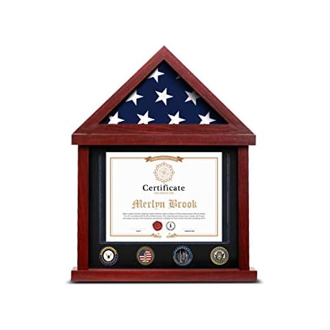 Flybold Military Shadow Box for Veteran Burial Flag - Mahogany Display Case for 3x5 ft Folded Flag with Certificate Holder - Premium Flag Display Case Set to Honor Our Heroes - 23.6 x 20 x 4.3 Inches Cover