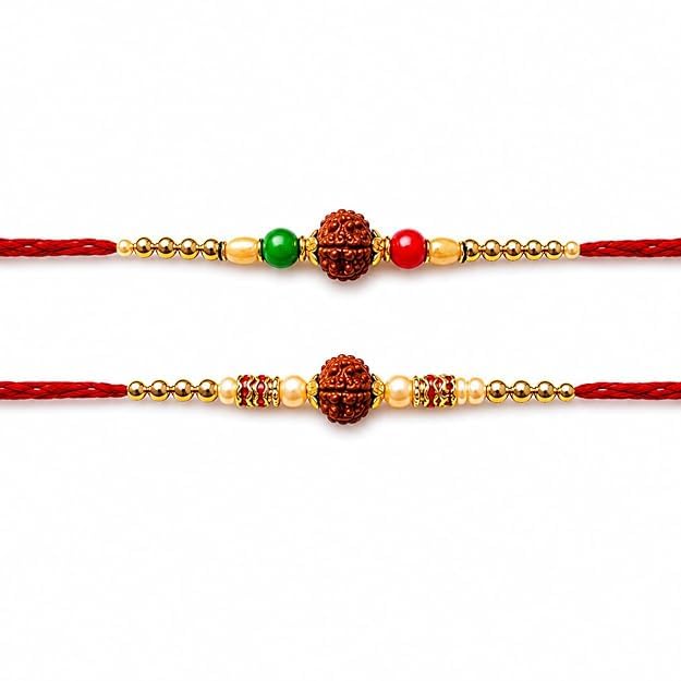 Simple Elegant Moli Thread Pearl Rudraksh Rakhi For Brother | Rakhi For Kids With Greetings Cards Roli Chawal-image-5