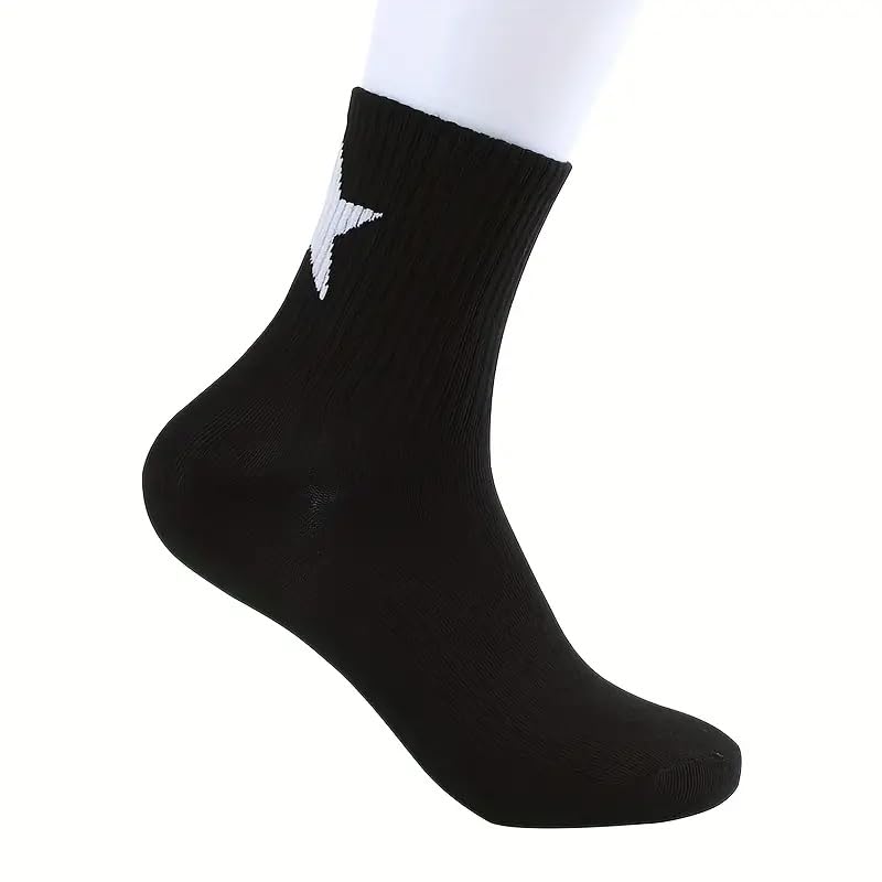 6 Pairs Black and White Star Mid-Calf Socks, Versatile Trendy Athletic Socks With Ribbed Cuff, Perfect For Casual Or Sporty Outfits4