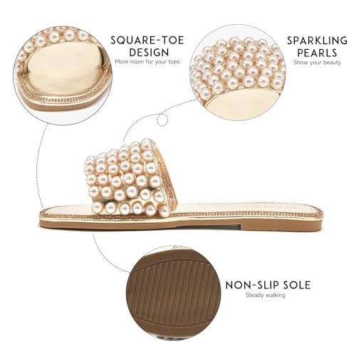EETTARO Women's Sparkle Pearl Flat Sandals Fashion Square Open Toe Jeweled Slides Slip on Rhinestone Bling Slippers2