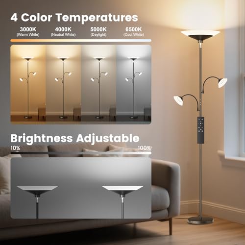 Image of SIBRILLE 3 Way Torchiere Floor Lamp - 42W Dimmable LED Tree Standing Lamp with Remote, 2300LM, Color Changing, 72 inch Tall Bright Floor Lamp for Living Room Bedroom Office