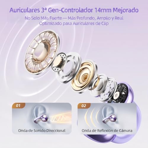 Image of M100 Clip On Earbuds with Touchscreen Case , Open Ear Wireless Headphones for Glasses & Small Ears ,50H Total Battery, Bluetooth 6.0, IPX7 Waterproof,Ultra-Light 4g for Running & Workouts,purple