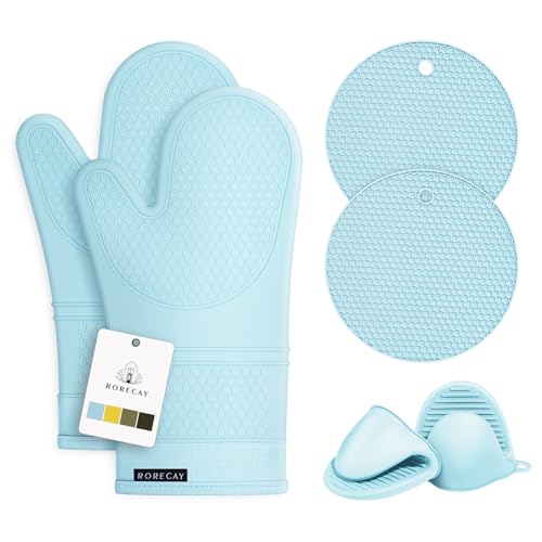 Rorecay 6pcs Oven Mitts and Pot Holders Sets, Extra Long Silicone Oven Gloves Heat Resistant 500 Degrees Non-Slip Potholders Hot Pads for Kitchen Baking Cooking, Quilted Liner, Winter Sky