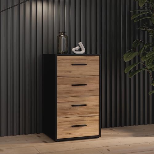 FORTE MOKKARO Schmale Kommode 50, Kommode mit 4 Schubladen, Modernes Sideboard, Wohnzimmerkommode, Holzwerkstoff, Artisan Eiche Holzdekor, 48,2 cm breit x 84,9 cm hoch x 42 cm tief