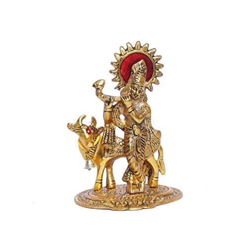 Image of KridayKraft Lord Krishna with Cow Metal Statue,Krishna Murti Playing Flute for Temple Pooja,Decor Your Home,Office & Gift Your Relatives,Showpiece Figurines,Religious Idol