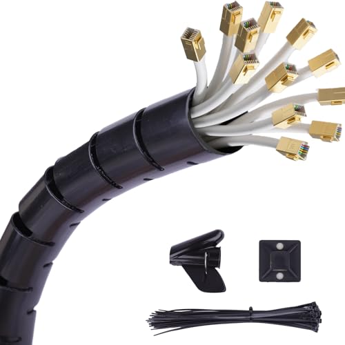 2 Piezas 1.5M Organizador de Cables, Kit de Gestión de Cables, 16mm y 22mm, Tubos Protectoras Auto-Cerrantes Negros, Incluye Bridas, Clips para Cables y Clip de Guía, Protector Cable Gatos