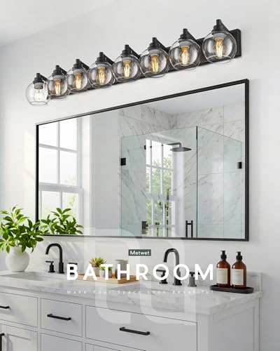 Image of 8-Light Bathroom Light Fixtures, Matte Black Vanity Light, 52 Inch Modern Wall Sconces with Globe Clear Glass Shade, Vanity Lighting Fixtures Over Mirror, VL195-MB-8
