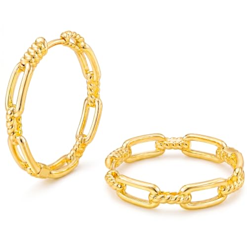 WORFRIL 14K Gold Hoop Earrings for Women Lightweight Chain Link Round Hoop Earrings with Twisted Rope Detail Classic Chunky Gold Hoops Hypoallergenic Everyday Wear Jewelry Gift 25mm