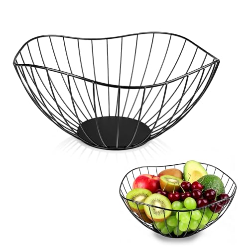 Dawitrly Ciotola per frutta, 25 x 14 cm, grande cesto di frutta in metallo nero, per bancone della cucina, decorazione per la casa, centrotavola decorativo per verdure, pane, snack, biscotti