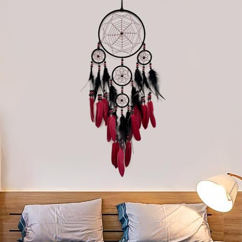 Donko Red and Black Dream Catcher Large Dream Catchers Wall Decor Handmade Feather Dreamcatcher Wall Hanging Ornament for Bedroom Living Room Home Decor - Image 4
