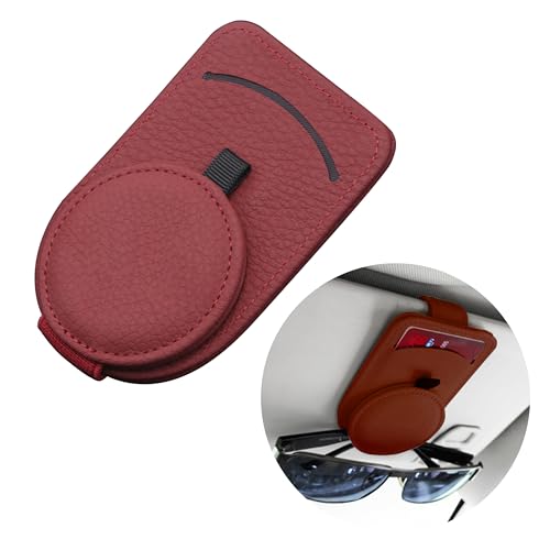 CozyInno Sunglasses Holder for Car, Genuine Leather, Magnetic Closure, Card Pocket, Universal Fit for All Glasses, Red, Sun Visor Organizer