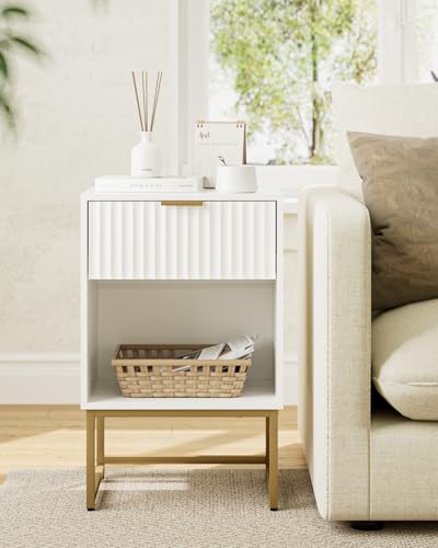 Image of Masupu White Nightstand, Fluted Night Stand, Wood Bedside Table with Storage Drawer, Modern Side End Table for Bedroom, White