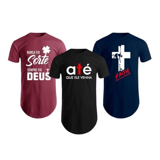 Kit Com 3 Camisetas Masculinas Longline Estampada Evangélica Gospel Oversize Academia Malhar Camisas Long Line (BR, Alfa, M, Regular, KIT 10-1 Preto, 1 Azul-marinho e 1 Vermelho-bordô)