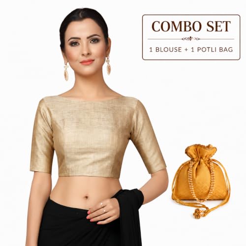 Image of Studio Shringaar Polyester Women's Golden Readymade Saree Blouse