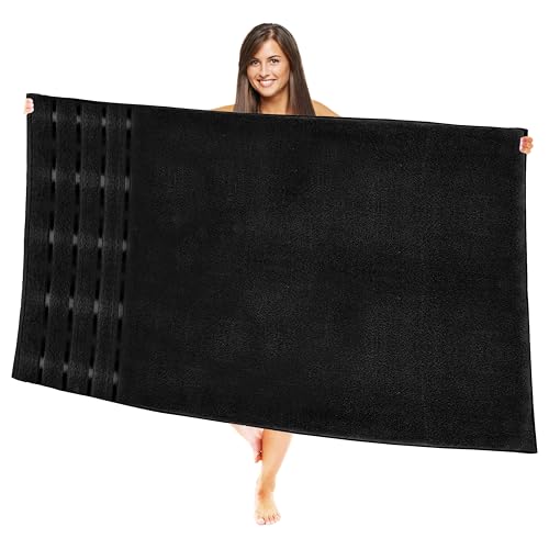 Image of Elegant Comfort 100% Turkish Cotton 4 Lines Viscose Stripe Jumbo Bath Towel - Hotel Spa Quality Extra Large 35 x 70 Inch Bath Towel Ultra Soft, Super Absorbent Quick Dry Large Bath Towel, Black