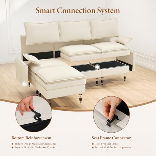 Image of Vesgantti 142 inch U Shaped Sectional Couch, Comfy Cloud Modular Sectional Sofa with 2 Ottoman Deep Seat Chenille Modern Cloud Sofa, Modular Sofas for Living Room, Bedroom and Apartment, Beige