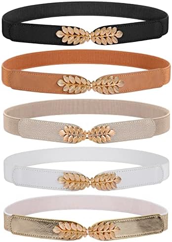LEACOOLKEY Womens Skinny Elastic Waist Belt Gold Buckle Stretch Thin Belt for Dress Retro Dress Belt