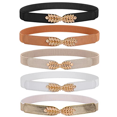 Leacoolkey Womens Skinny Elastic Waist Belt Gold Buckle Stretch Thin Belt For Dress Retro Dress Belt #TOP2