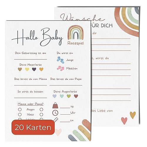 Bartschibär 20 Ratespielkarten für Babypartys - Babyparty Spiele für Gender-Reveal-Party und Babyshower Tippkarten für Baby Mädchen und Jungen 20 Stück (Rainbow)
