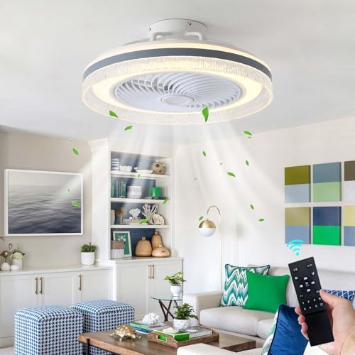 Luyaim Ventilador De Techo Moderno Blanco 50CM Redondo Con Luz LED Regulable Y Mando APP - 6 Velocidades, Temporizador, Motor DC, Modo Verano/Invierno Para Dormitorio/Salón-Gray